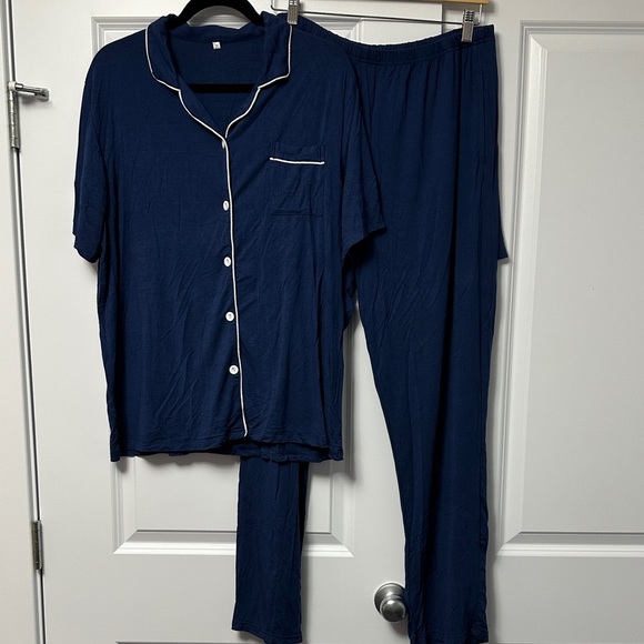 Navy Blue 3 Piece Pajama Set with White Trim - Picture 1 of 6
